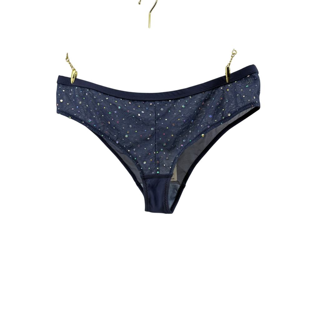 Lunair Whimsy Bikini Panties Floral Lace Underlay Shiny Faux Rhineston Blue M